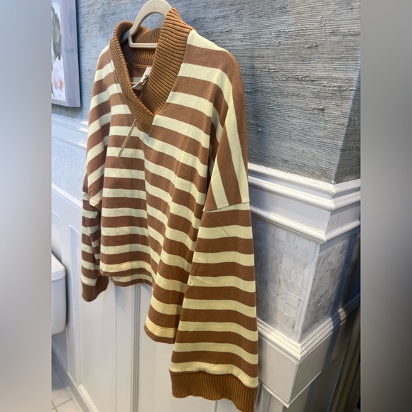 NWT new medium Anthropologie Maeve cotton boxy v-neck top tan yellow stripe - Picture 8 of 16